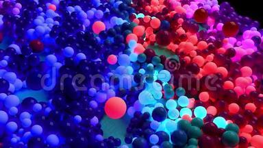 深色的构图，色彩鲜艳的球覆盖表面，其中一些发光。 4k抽象背景下的3D